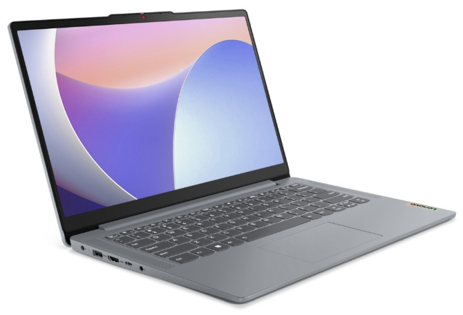 Notebook Lenovo IdeaPad Slim 3 14AMN8 sivý Sivý notebook Lenovo IdeaPad Slim 3 14AMN8 z ľavého uhla s otvoreným displejom