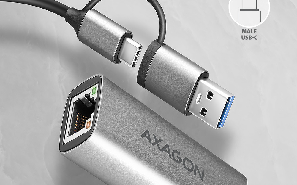 Sieťová karta Axagon USB-C + USB-A 3.2 Gen 1 - Gigabit Ethernet sivá Sieťová karta Axagon USB-C + USB-A 3.2 Gen 1 - Gigabit Ethernet sivá