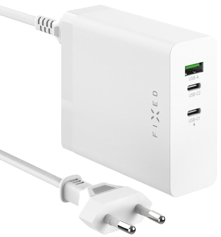 Nabíjačka do siete FIXED Charging Station, 2xUSB-C 1xUSB-A, GaN, PD 3.1, 140W - biela