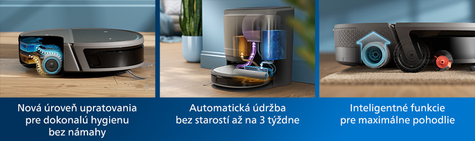 Robotický vysávač Philips XU9100/10 nerez Robotický vysávač so stanicou Philips XU9100/10 na podlahe samostatne aj s nabíjacou stanicou