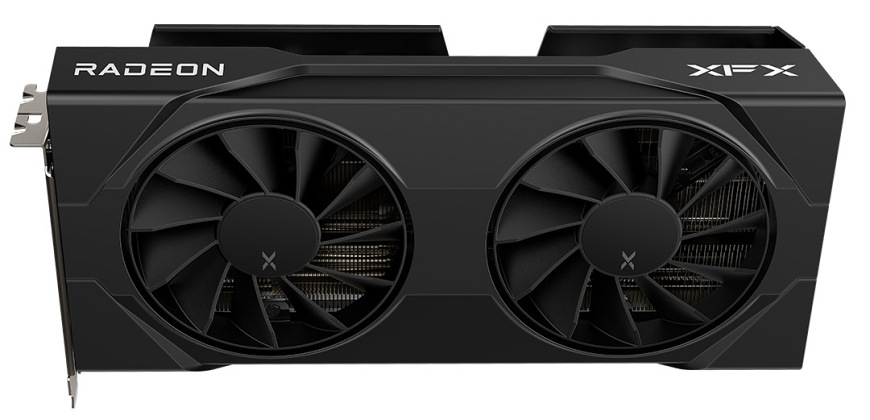 Grafická karta XFX Swift AMD Radeon RX 9060 XT OC 16GB GDDR6 Dual Fan Gaming Edition Šikmý predný pohľad na XFX Radeon RX 9060 XT OC s dvojitým chladením a minimalistickým čiernym designom