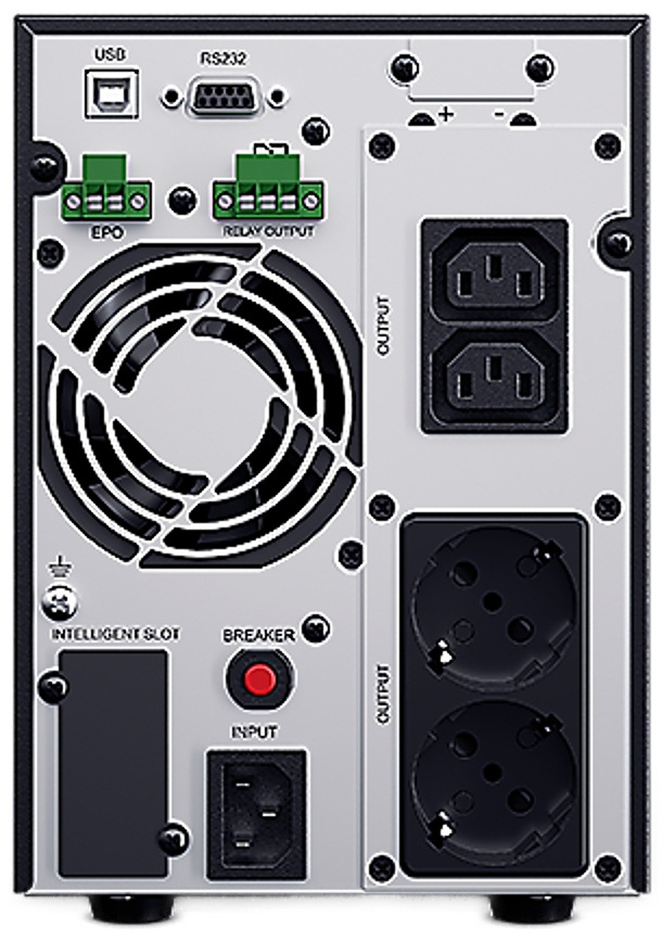 Na obrázku je zadná strana záložného zdroja CyberPower OnLine S 2000VA/1800W. Vpravo sú štyri výstupné zásuvky, hore dva menšie napájacie konektory a dole dve klasické okrúhle zásuvky. Vľavo je veľký kruhový ventilátor, nad ním komunikačné porty USB a RS232 a zelené svorky na doplnkové pripojenie. Dole je vstupný napájací konektor, istič s červeným tlačidlom a priestor pre rozširujúcu kartu. Zadný panel pôsobí technicky a je určený pre napájanie aj správu zariadenia.