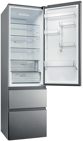 Chladnička s mrazničkou Haier HTR3620CNMG strieborná/nerez otvorená chladnička haier HTR3620CNMG, mierne zboku