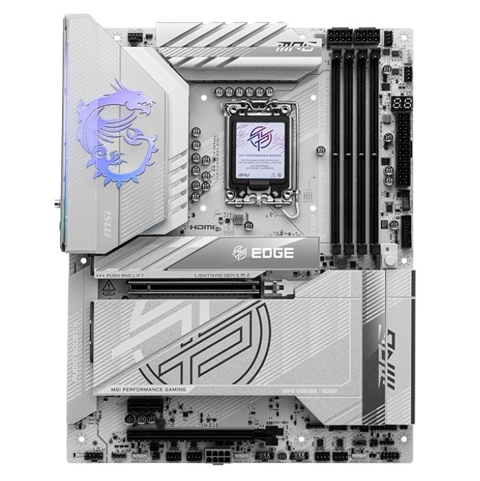 Základná doska MSI MPG Z890 EDGE TI WIFI Základná doska MSI MPG Z890 EDGE TI v striebornej a bielej farbe.