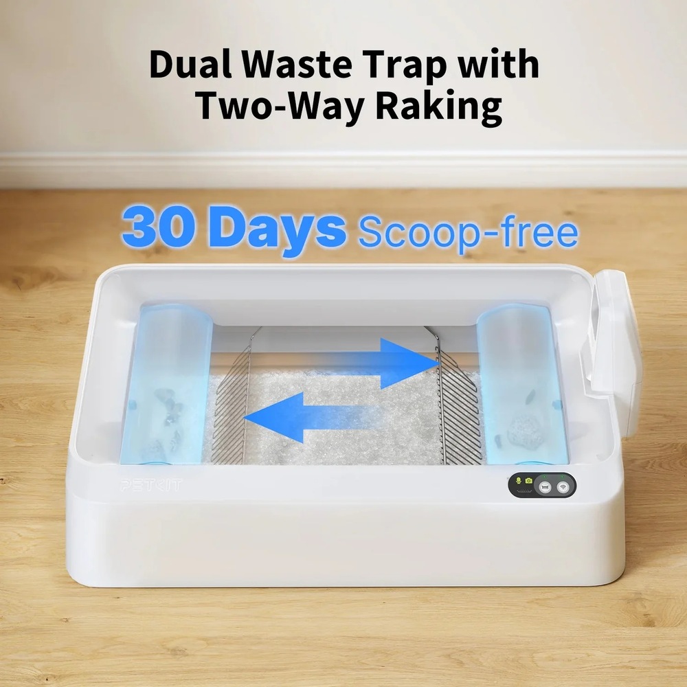 Inteligentná toaleta Petkit Purobot Crystal Duo, AI camera biely Chytrý záchod Petkit Purobot Crystal Duo s nákresom dvojsmerného hrabania, nápis 30 Days Scoop-free a Dual Waste Trap with Two-Way Raking