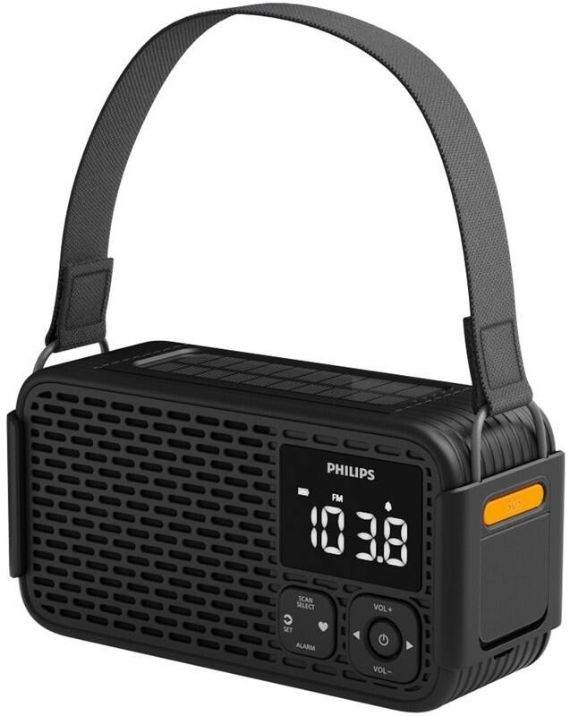Čierne prenosné núdzové rádio Philips TAR3500 s popruhom a LED displejom.