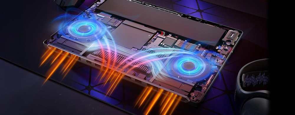 Notebook Lenovo Legion 5 15AGP11 čierny Pohľad dovnútra notebooku Lenovo Legion 5a znázorňujúci prúdenie vzduchu cez dvojicu ventilátorov chladiaceho systému