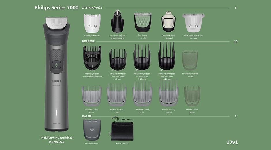 Multifunkčný zastrihávač Philips MG7951/15 Series 7000 vrátane vymeniteľných nástavcov