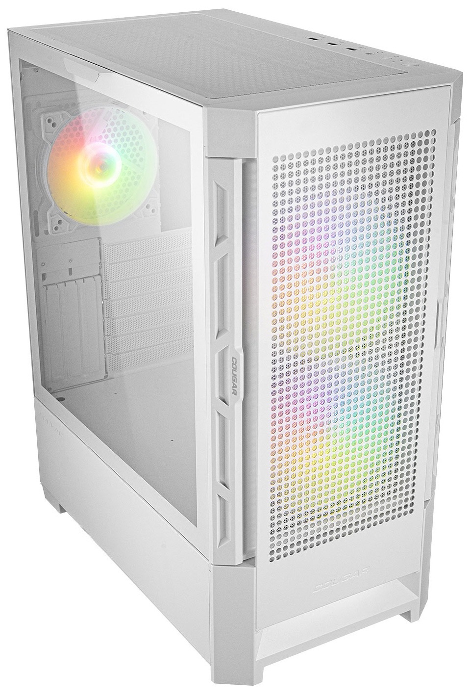 Case Cougar DUOFACE RGB biela Pohľad spredu na bielu skriňu s presklenou bočnicou; za predným panelom svietia dva veľké ARGB ventilátory, na zadnej stene jeden. Celá predná stena je jemne perforovaná na lepšie chladenie.