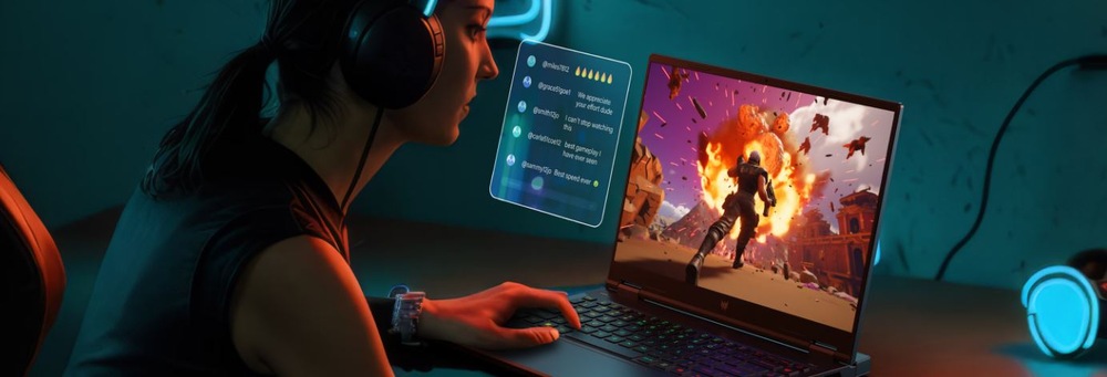 Notebook Acer Predator Helios Neo 14 AI (PHN14-71-90FS) čierny Žena sedí pred notebookom Acer Predator Helios Neo 14 AI