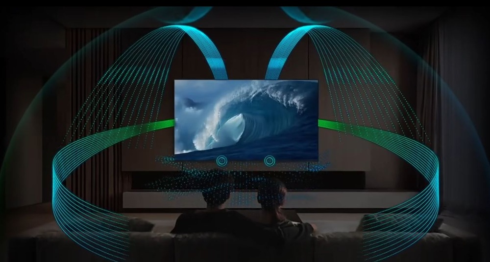 Televízor Samsung QE48S95H Priestorový zvuk televízie Samsung QE48S95H znázornený zvukovými vlnami okolo obrazovky