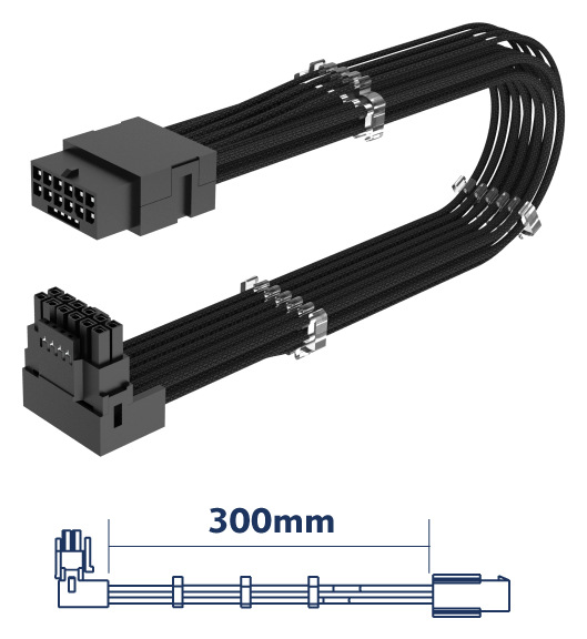 Adaptér AKASA G-Nexus PX16, 90° 12VHPWR Extension Cable, 12+4P male na 12+4P female, 30cm čierny AKASA G-Nexus PX16, 90° 12VHPWR Extension Cable umožňuje až 300mm predĺženie