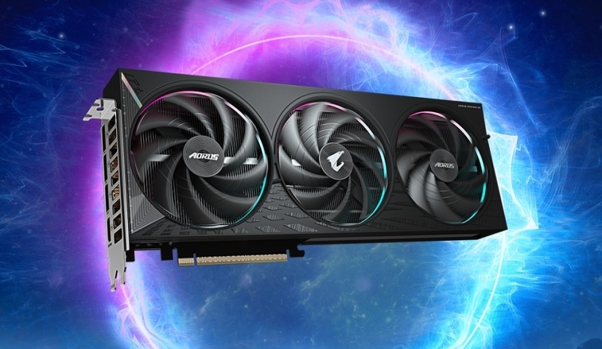 Grafická karta GIGABYTE RTX 5060 AORUS ELITE zvýraznená v dynamickom svetelnom efekte s herným pozadím