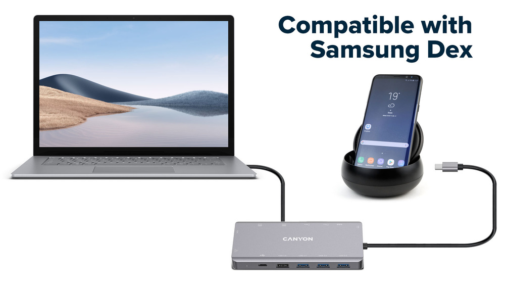 Dokovacia stanica Canyon DS-12 13v1, PD 100W sivá Canyon DS-12 13v1 je kompatibilný so Samsung Dex