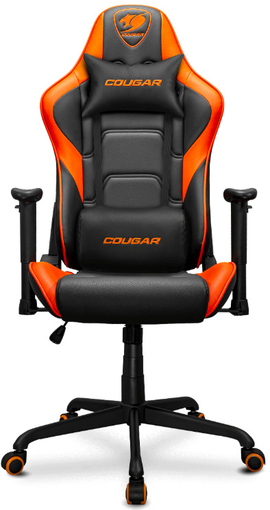 Herná stolička Cougar Armor Elite čierna/oranžová Čelný detail hernej stoličky Cougar Armor Elite v čierno-oranžovom prevedení s bedrovým a hlavovým vankúšom