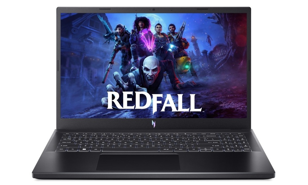 Notebook Acer Nitro V 15 (ANV15-41-R7DV) čierny Otvorený a zapnutý notebook Acer Nitro V 15 spredu