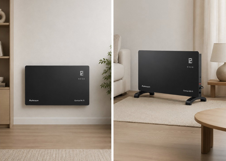 Konvektor Rohnson R-040 Genius Wi-Fi vo variante pre montáž na stenu a voľné postavenie