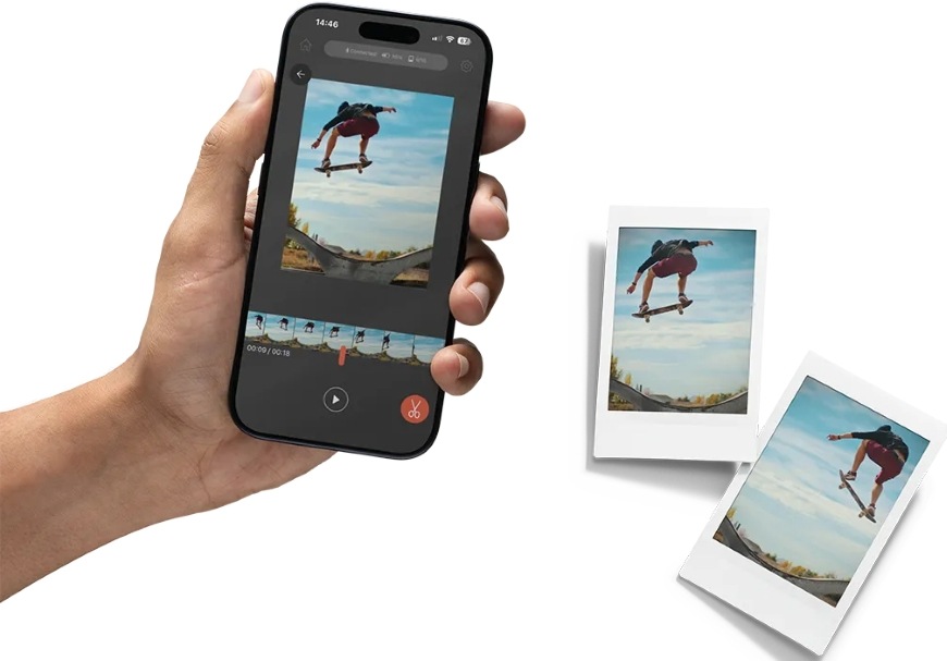 Detail obrazovky s videom skateboardistu a fotiek vytlačených pomocou fototlačiarne Instax mini Link Plus