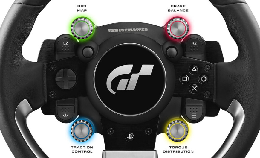 Volant Thrustmaster GT Wheel Add-on pro PC , PS5/4 čierny Detail otočných enkóderov pre nastavenie jazdných parametrov