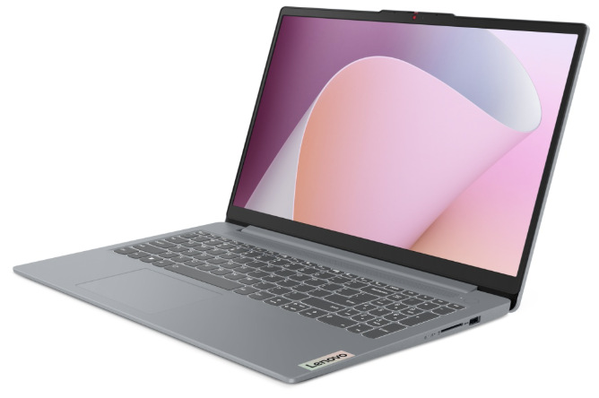 Notebook Lenovo IdeaPad Slim 3 15AMN8 sivý Sivý notebook Lenovo IdeaPad Slim 3 15AMN8 z pravého uhla s otvoreným displejom