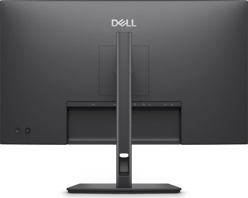 Monitor Dell Pro P2726HE sivý Zadný pohľad na sivý monitor Dell s centrálnym stojanom, otvorom na vedenie káblov a konektormi umiestnenými v zapustenej spodnej časti.