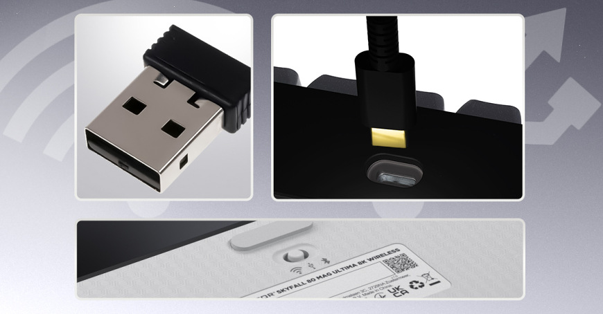 Klávesnica HATOR Skyfall 65 MAG ULTIMA 8K Wireless, US layout čierna/biela USB prijímač, USB-C konektor a prepínač pripojenia HATOR Skyfall MAG Ultima 8K Wireless