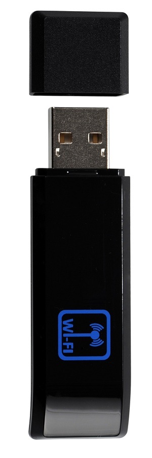 Čierny USB Wi-Fi adaptér Hyundai USBWIFI1 s modrým logom Wi-Fi a odnímateľnou krytkou konektora