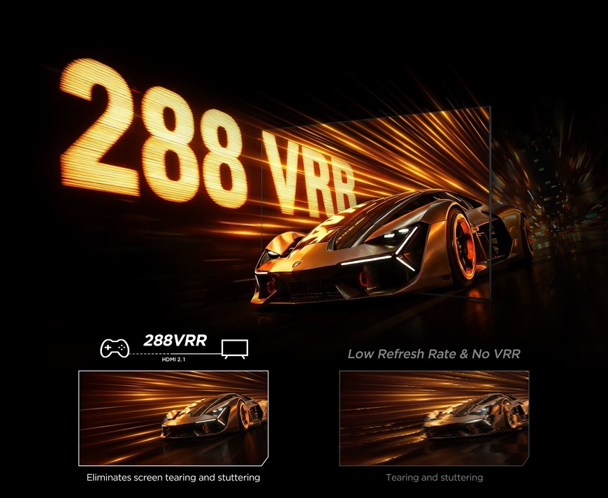 Televízor TCL 85C7L Televízia TCL 85C7L s podporou 288Hz VRR a HDMI 2.1, ukážka plynulého obrazu bez trhania pri rýchlej scéne so športovým autom.