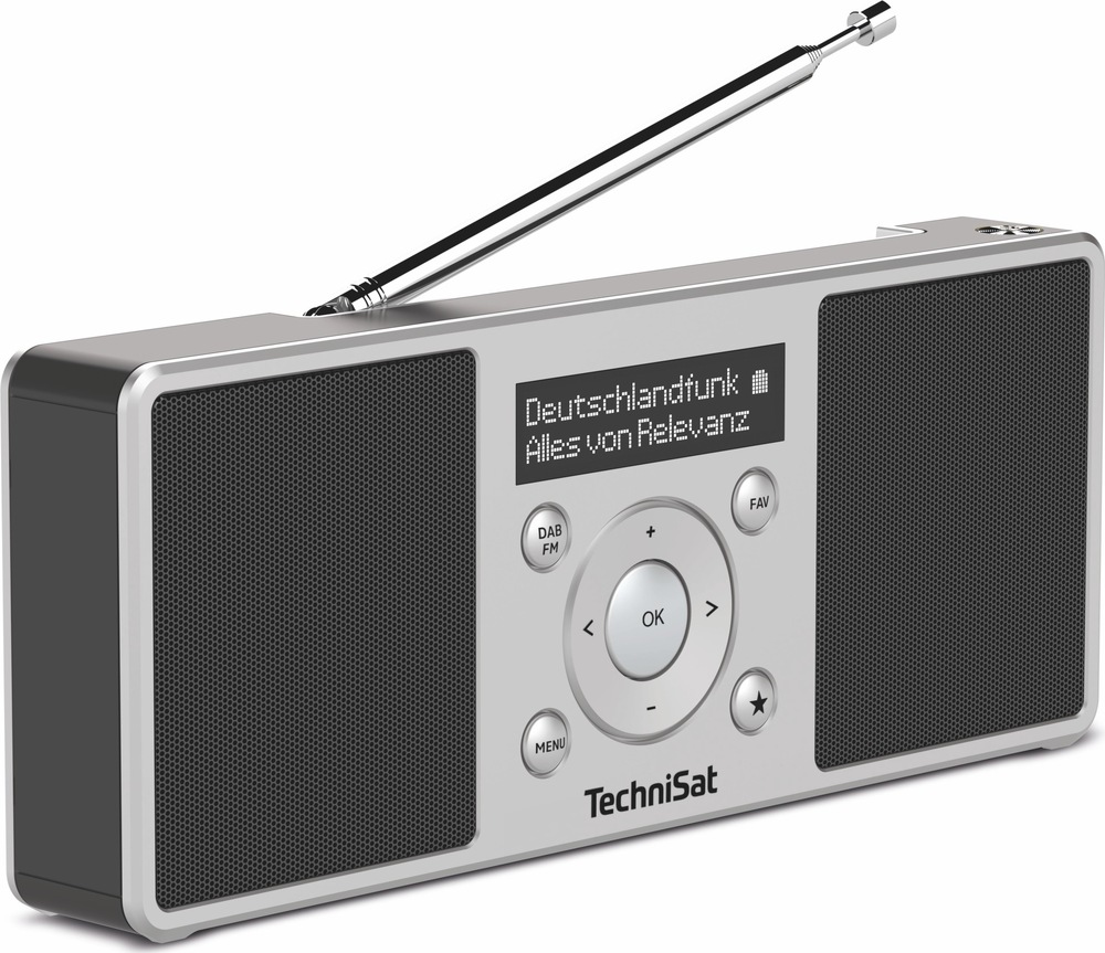 Rádioprijímač s DAB+ Technisat DIGITRADIO 1 S čierny/strieborný Detailný pohľad šikmo spredu ukazuje dva reproduktory, centrálny OLED displej a kruhový ovládací panel s tlačidlami DAB/FM, MENU a FAV. Z hornej časti rádia je vysunutá teleskopická anténa.
