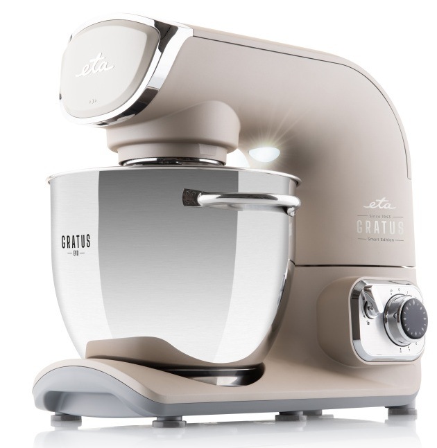 Celokovový kuchynský robot ETA Gratus EVO Smart II v elegantnej farbe taupe s nerezovou misou s objemom 5,5 l a integrovaným LED osvetlením pracovnej plochy