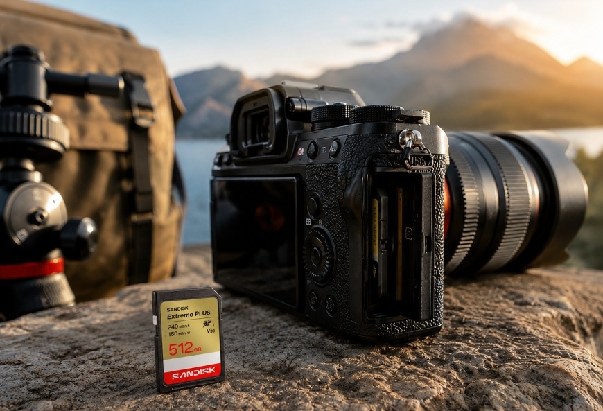 Pamäťová karta SANDISK SDXC Extreme Plus 256GB UHS-I U3 (240R/160W) Pamäťová karta SanDisk Extreme Plus vložená vedľa profesionálneho fotoaparátu v prírodnom prostredí