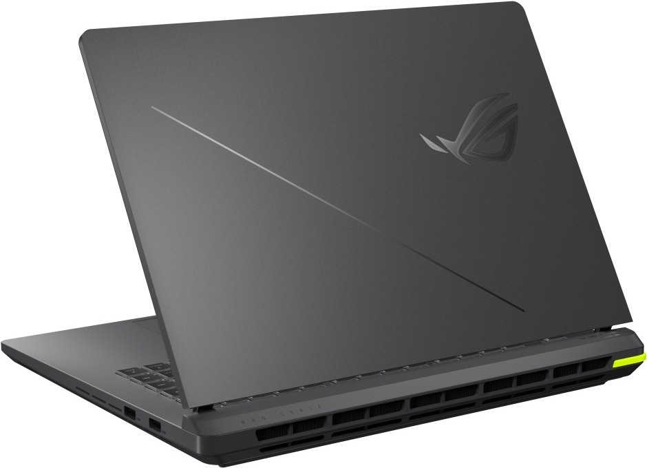 Notebook Asus ROG Strix G16 sivý Zadný pohľad na notebook ASUS ROG Strix G16 s výrazným logom ROG a chladením
