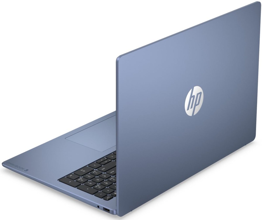 Zadný pohľad na notebook HP OmniBook 3 s logom HP na veku