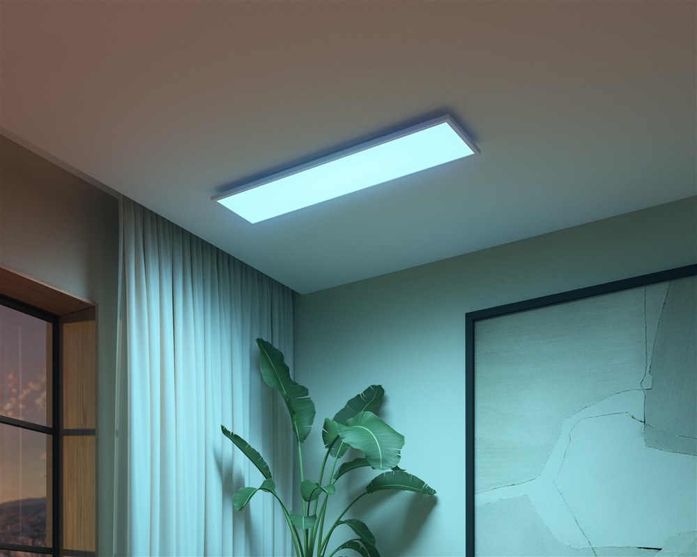 LED stropné svietidlo Philips Surimu Hue Panel, 60W, 120x30 cm, White and Color Ambiance biele Ukážka nasvietenia rohu izby pomocou Philips Surimu Hue