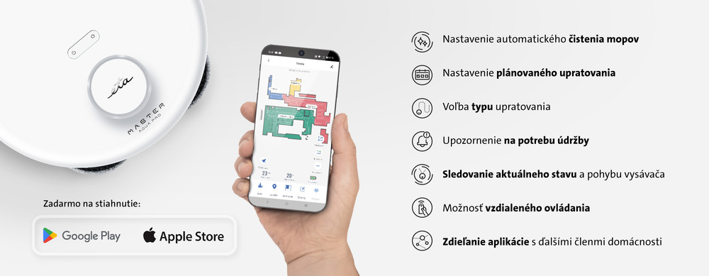 Mobilný telefón s náhľadom aplikácie ETA Smart umiestnený vedľa bieleho robotického vysávača ETA Master Aqua Pro v dokovacej stanici