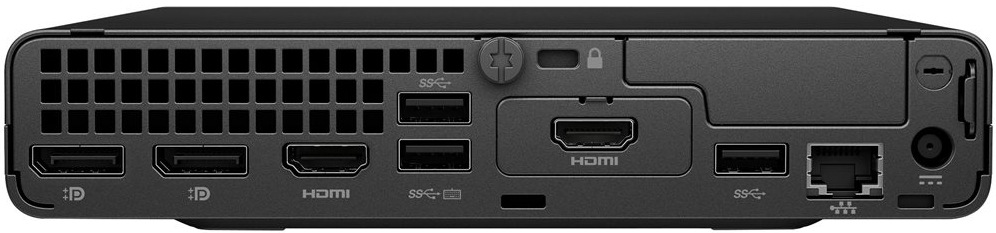 Detail zadnej strany mini počítača HP Pro Mini 400 G9 s bohatou sadou portov zahŕňajúce USB-A vstupy aj HDMI
