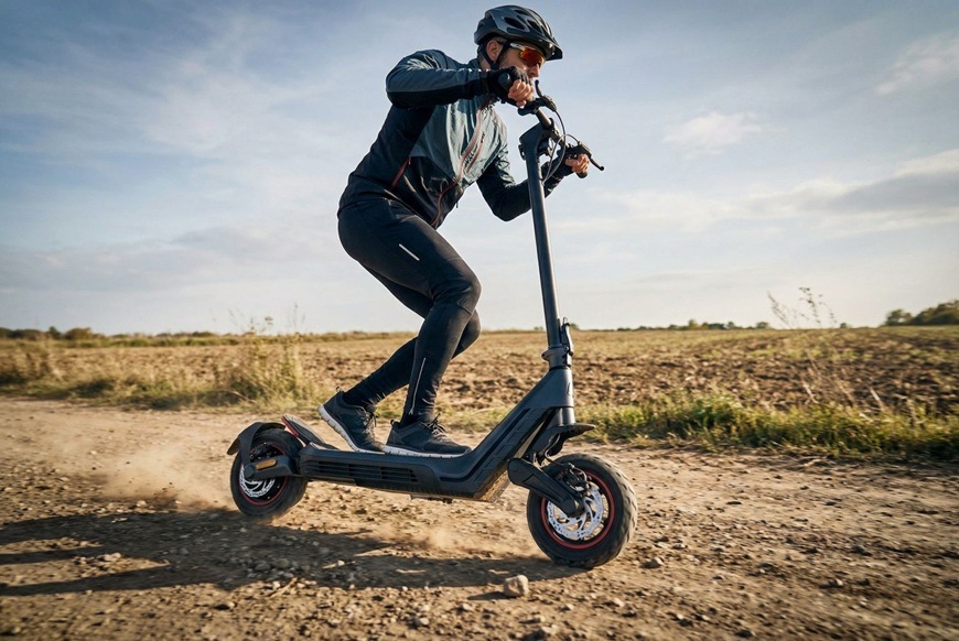 Elektrická kolobežka Sencor SCOOTER S80 čierna Elektrická kolobežka Sencor SCOOTER S80 si poradí nielen s mestskými ulicami, ale aj so spevnenými poľnými a lesnými cestami. Robustná konštrukcia, väčšie kolesá a odpruženie pomáhajú zvládať nerovný povrch a zaisťujú stabilnú a komfortnú jazdu. Na snímke jazdec využíva výkon kolobežky pri svižnej jazde v teréne, kde vyniká jej športovejší charakter a schopnosť prekonávať náročnejšie podmienky.