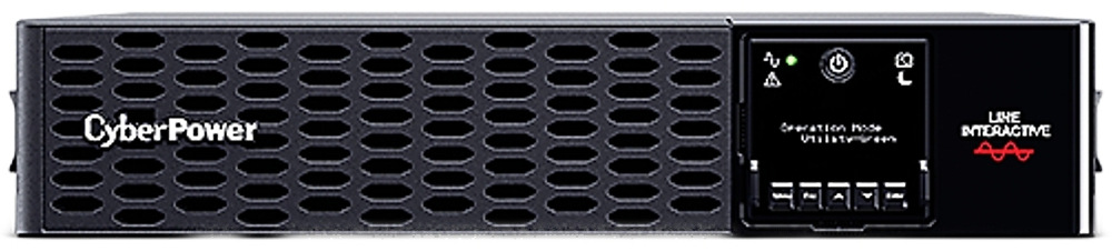 Záložný zdroj CyberPower Professional Rackmount Series PRIII 2200VA/2200W,2U, XL čierny Na obrázku je čierny rackový záložný zdroj CyberPower v nízkom 2U prevedení z čelného pohľadu. Na prednej strane má širokú ventilačnú mriežku, menší displej s ovládacími tlačidlami a stavovými ikonami a logo Line-Interactive. Zariadenie pôsobí profesionálne a je určené na montáž do serverového racku.