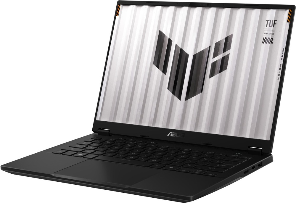 Pohľad šikmo spredu na otvorený laptop TUF Gaming A14
