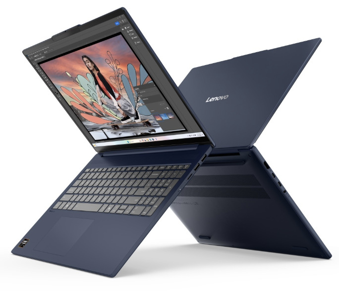 Notebook Lenovo IdeaPad Slim 5 16AKP10 modrý Dva notebooky Lenovo IdeaPad Slim 5 s pohľadom na displej, veko a spodnú časť