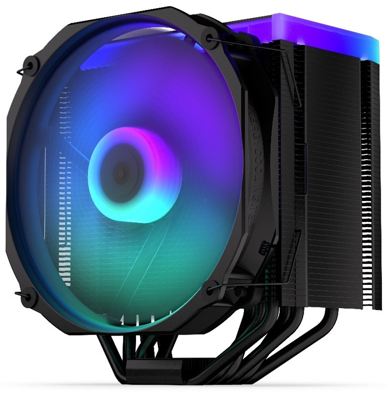 Na obrázku je chladič CPU ENDORFY Fortis 5 ARGB Black - vežový vzduchový chladič pre procesor. Vpredu je veľký ventilátor, ktorý svieti dúhovými farbami (ARGB) a vytvára kruhový svetelný efekt. Za ventilátorom je blok hustých čiernych kovových rebier (radiátor), ktorý odvádza teplo. Dole je vidieť šesť zahnutých čiernych trubičiek (heatpipe), ktoré vedú teplo z procesora do rebier, a hore presvitá farebne nasvietený horný kryt.