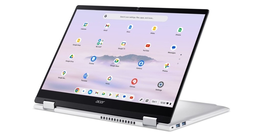 Notebook Acer Chromebook Plus Spin 514 (CP514-5HN-K65H) strieborný Notebook Acer Chromebook Plus Spin 514 (CP514-5HN-K65H) postavený do pozície prezentácie