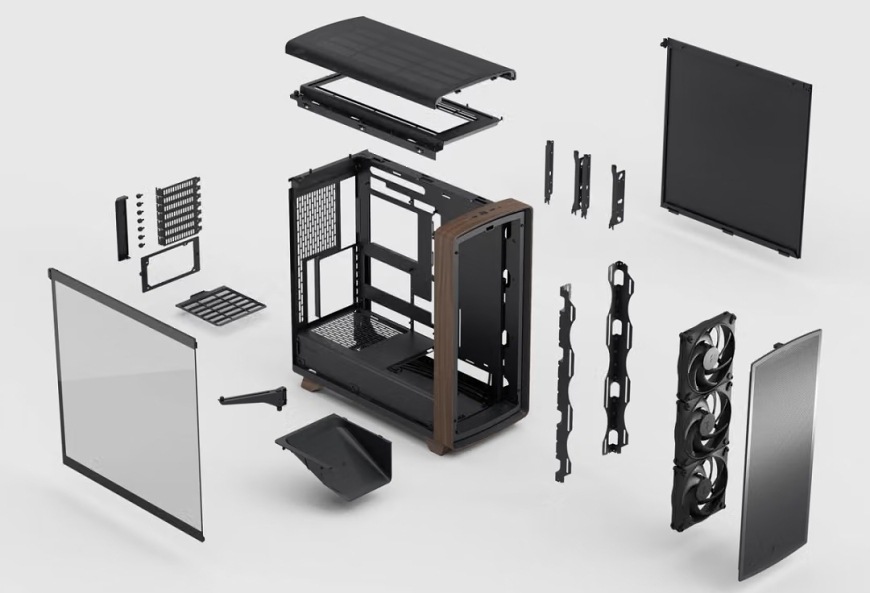 Case FRACTAL DESIGN Summit Black TG Light Tint čierna Rozložená konštrukcia skrine FRACTAL DESIGN Summit Black TG Light Tint s panelmi, ventilátormi, držiakmi a filtrami