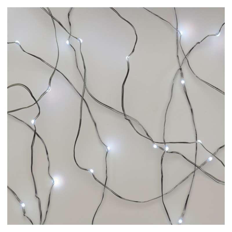 Vianočné osvetlenie EMOS 10 LED nano reťaz strieborná, 0,9 m, 2x AA, vnútorná, studená biela, časovač