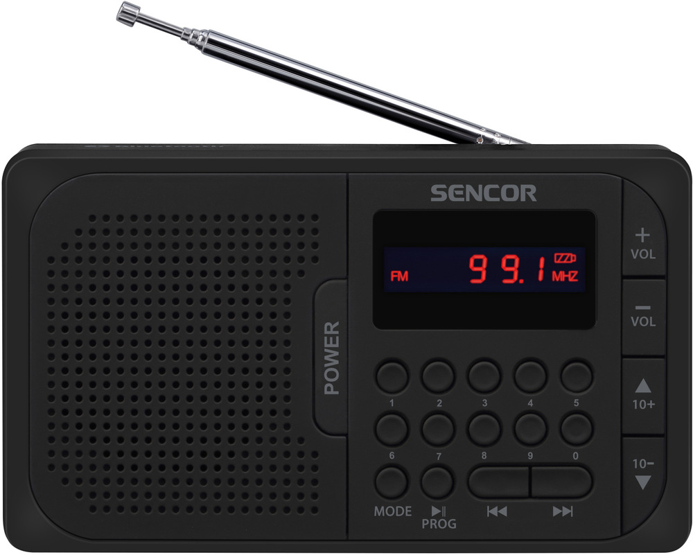 Rádioprijímač Sencor SRD 216BK čierny Prenosné rádio Sencor s teleskopickou anténou a klávesnicou predvolieb, čelný pohľad.