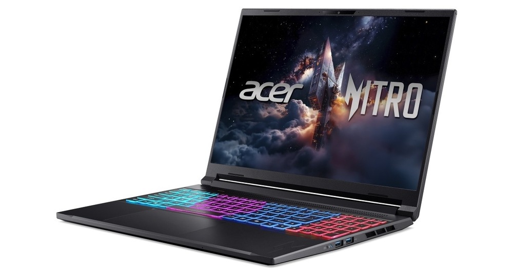 Notebook Acer Nitro V 16S (ANV16S-71-70EW) čierny Otvorený a zapnutý notebook Acer Nitro V 16S otočený doľava