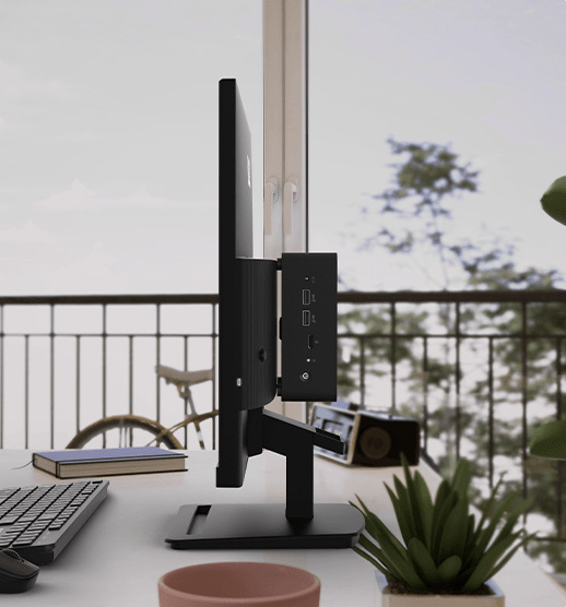 Monitor MSI PRO MP241 E14V čierny Bočný pohľad na monitor MSI PRO MP241 E14V s mini PC upevneným na zadnej strane