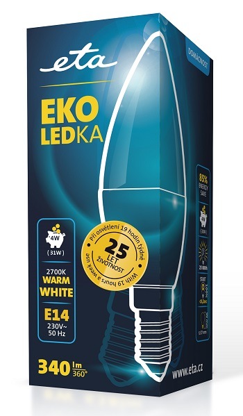 LED žiarovka ETA EKO LEDka sviečka 4W, E14, teplá biela žiarovka ETAC37W4WW01, úspora, LED