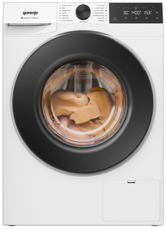 práčka Gorenje WG414A41 UltraClean v bielej farbe s oranžovým prádlom vo vnútri