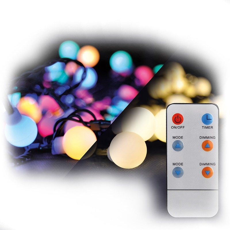 Vianočné osvetlenie Solight reťaz - guľa, 100LED, RGB+biela, 10m, 8 funkcií, IP44